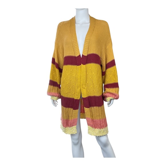 Umgee Yellow Knit Duster Cardigan Striped Open Front Bohemian Sweater - Picture 5 of 11